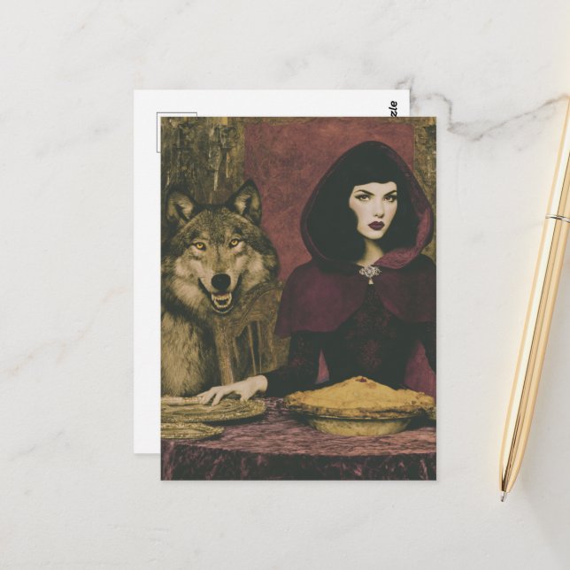 Retro Lady Having Pie With the Wolf Postcard (Front/Back In Situ)