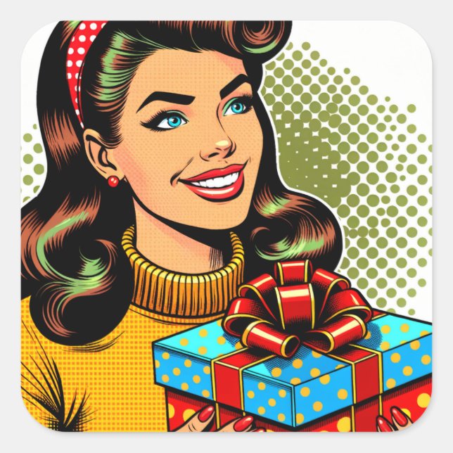  Retro Lady Holding a Birthday Present Square Sticker (Front)