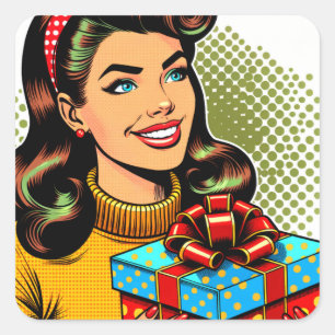 Retro Lady Holding a Birthday Present Square Sticker