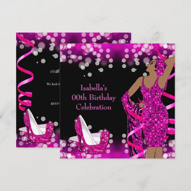 Retro Lady Hot Pink Glitter High Heels Birthday Invitation (Front/Back)