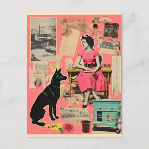 Retro lady in dress with black dog Collage Postcard