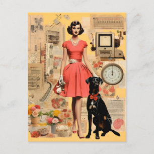 Retro lady in dress with black dog Collage Postcard