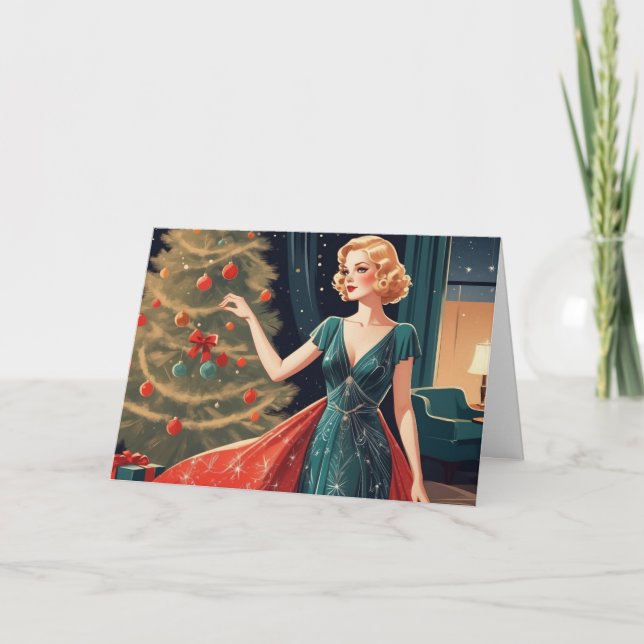 Retro Lady in Pretty Dress, Christmas Tree  Holiday Card (Front)