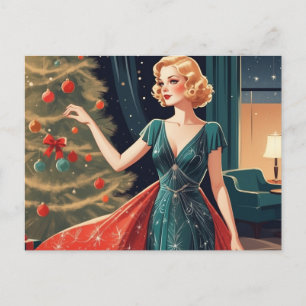 Retro Lady in Pretty Dress, Christmas Tree Holiday Postcard