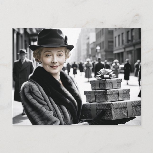 Retro Lady in the Busy Street Holding Presents Holiday Postcard (Front)