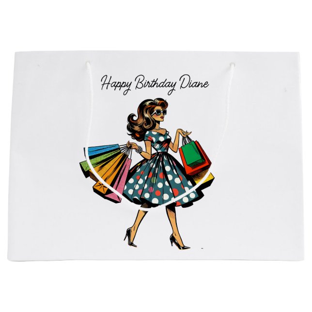 Retro Lady Personalised Birthday Large Gift Bag (Front)