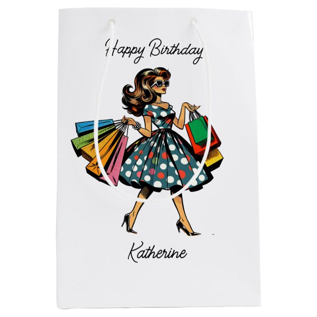 Retro Lady Personalised Birthday Medium Gift Bag (Front)