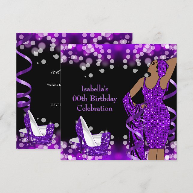 Retro Lady Purple Glitter High Heels Birthday Invitation (Front/Back)