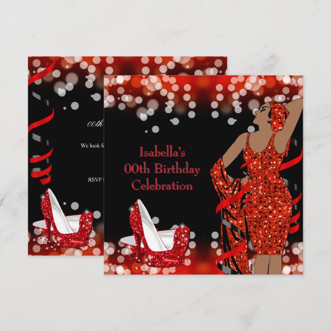 Retro Lady Red Glitter High Heels Birthday Party Invitation (Front/Back)