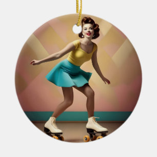 Retro Lady Roller Skating Backwards, Ceramic Tree Decoration