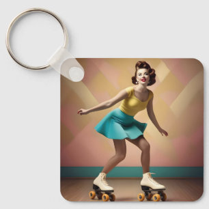 Retro Lady Roller Skating Backwards, Key Ring