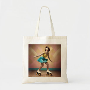 Retro Lady Roller Skating Lets Roll, Tote Bag