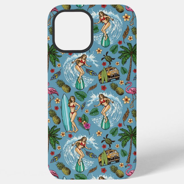 Retro lady surfer pattern iPhone case (Back)