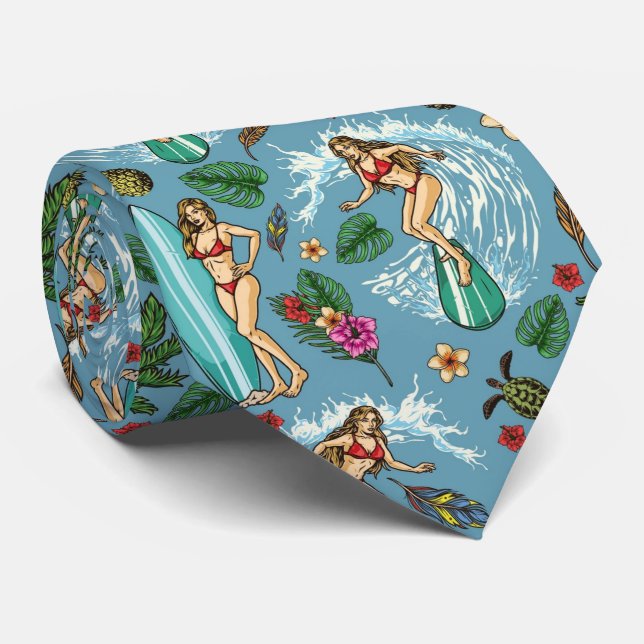 Retro lady surfer pattern tie (Rolled)