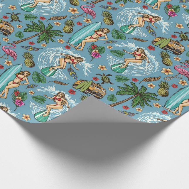 Retro lady surfer pattern wrapping paper (Corner)