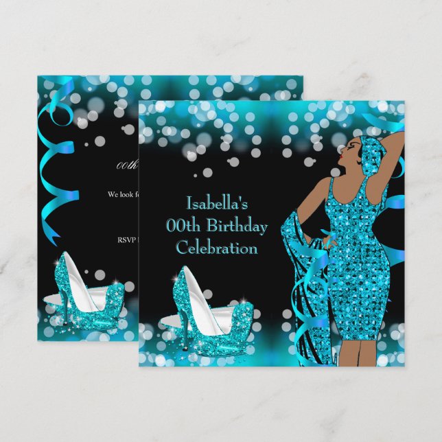 Retro Lady Teal Glitter High Heels Birthday Party Invitation (Front/Back)