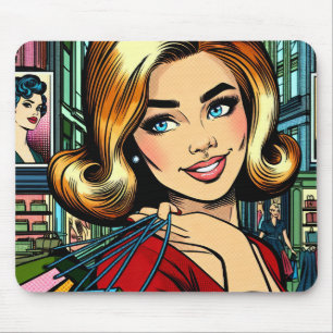 Retro Lady with Shopping Bags Mid Century Mouse Mat