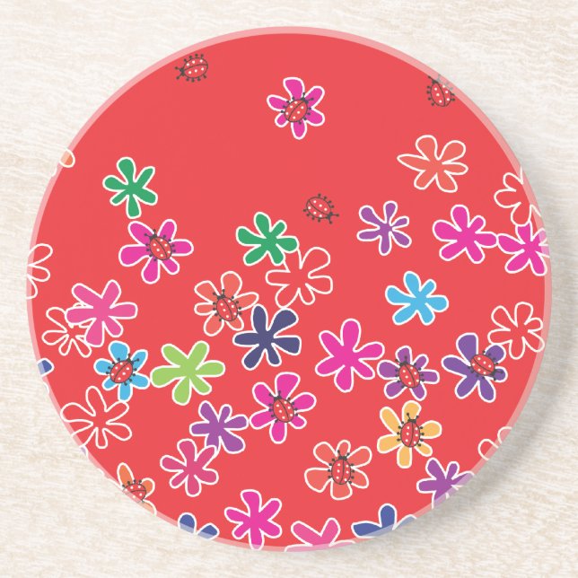 Retro Ladybugs and flowers Coaster (Front)