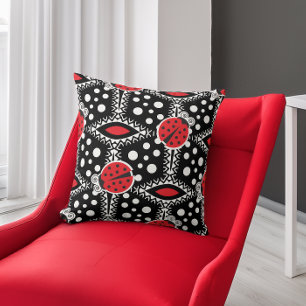 Retro Ladybugs Polka Dot  Red and Black Cushion
