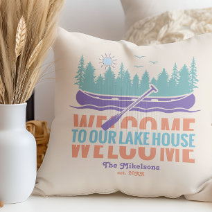 Retro Lake House Family Name Cushion