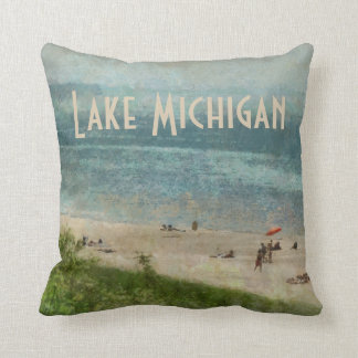 Retro Lake Michigan Shoreline Beach Throw Pillow