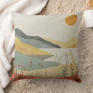 Retro Lakeside Sunset Terracotta Sage Landscape Cushion