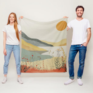 Retro Lakeside Sunset Terracotta Sage Landscape Fleece Blanket