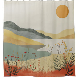 Retro Lakeside Sunset Terracotta Sage Landscape Shower Curtain