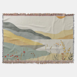 Retro Lakeside Sunset Terracotta Sage Landscape Throw Blanket