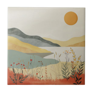 Retro Lakeside Sunset Terracotta Sage Landscape Tile