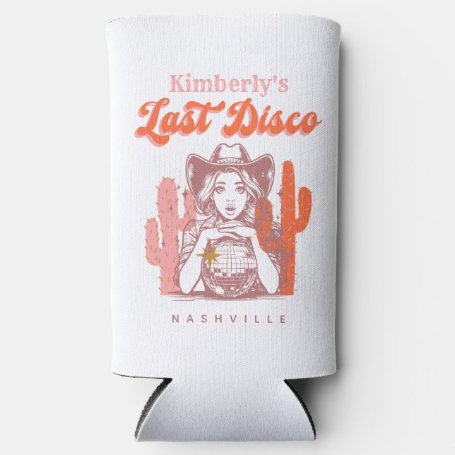 Retro Last Disco Pink Cowgirl Bachelorette Party  Seltzer Can Cooler (Front)