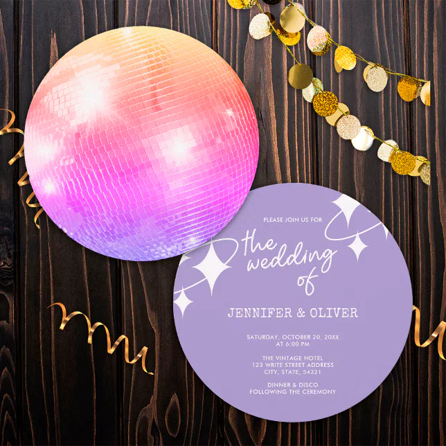 Retro Lavender Pink Orange Disco Ball Wedding Invitation | Zazzle
