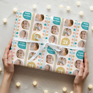 Retro Leaf Stem Custom Photo Birthday Wrapping Paper