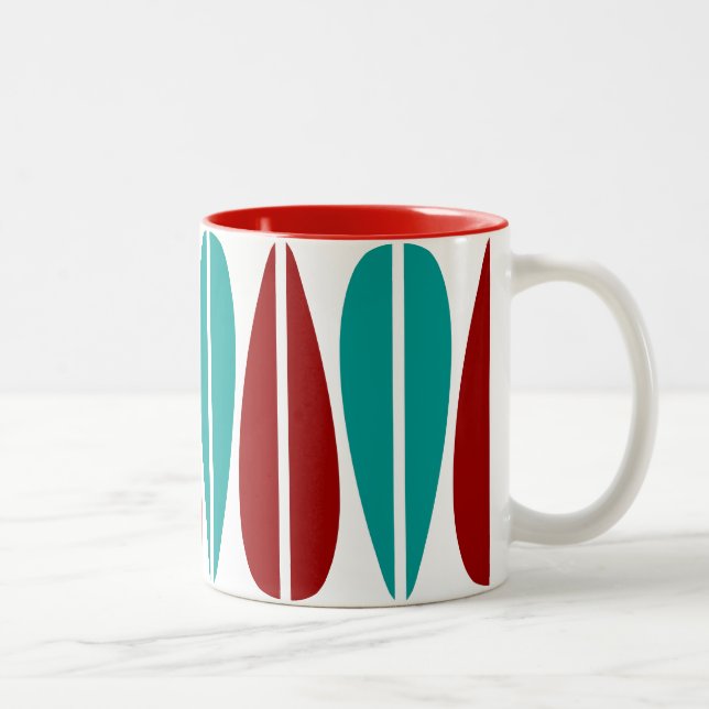 Retro Leaves - Ruby Red and Deep Aqua Two-Tone Coffee Mug (Right)