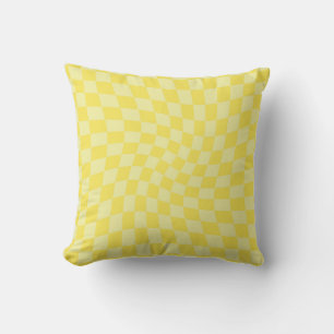 Retro Lemon Yellow Pastel Warped Chequerboard  Cushion
