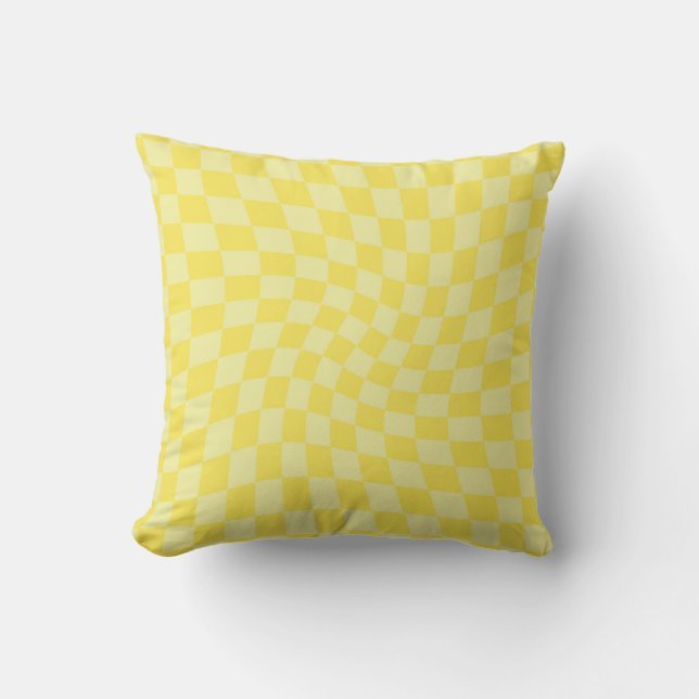 Retro Lemon Yellow Pastel Warped Chequerboard  Cushion (Front)