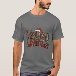 Retro Leopard Merry Christmas Santa Hat Funny Xmas T-Shirt