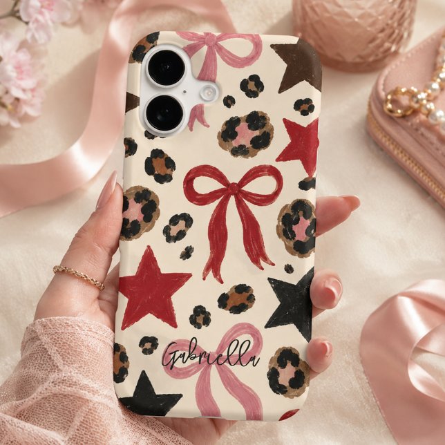 Retro Leopard Pink Bow Star Cherry Y2K Coquette (Make your phone the main character with this bold, hand-painted mix of leopard spots.)