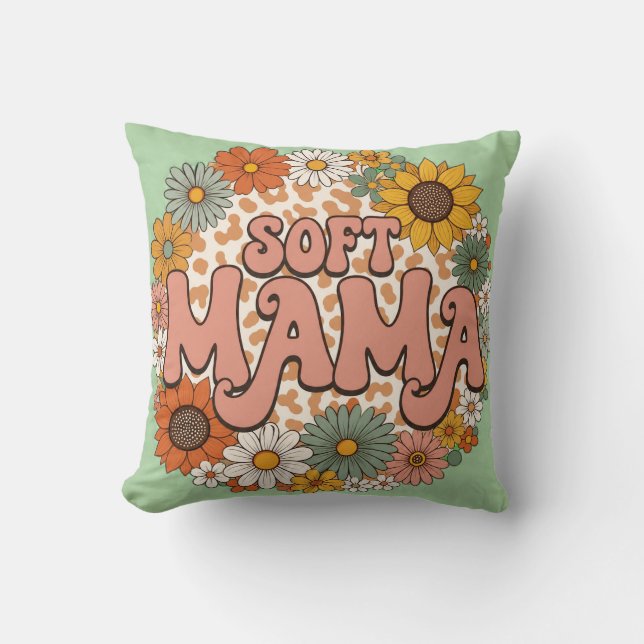Retro Leopard Print "Soft Mama" Floral Graphic Des Cushion (Front)