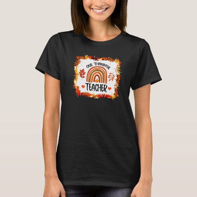 Retro Leopard Rainbow One Thankful Teacher Thanksg T-Shirt (Front)