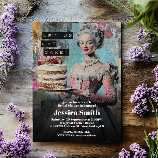 Retro Let Us Eat Cake - French Bridal Shower Invitation (Get ready to party like it's 1789! This playful invitation channels the ultimate queen of glam.)