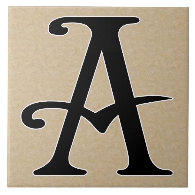 Retro Letter A in Black Monogram on Parchment Tile (Front)