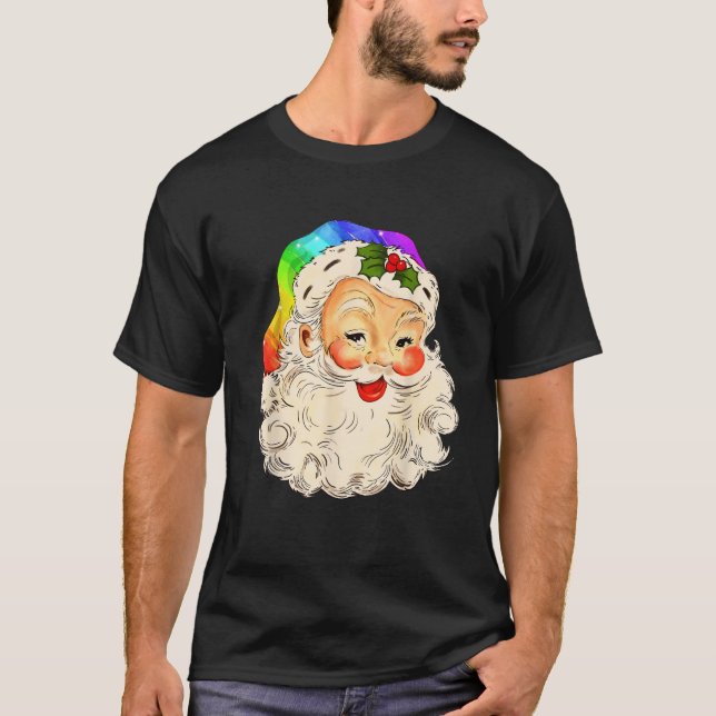 Retro LGBT Flag Santa Claus Christmas Gay Lesbian  T-Shirt (Front)