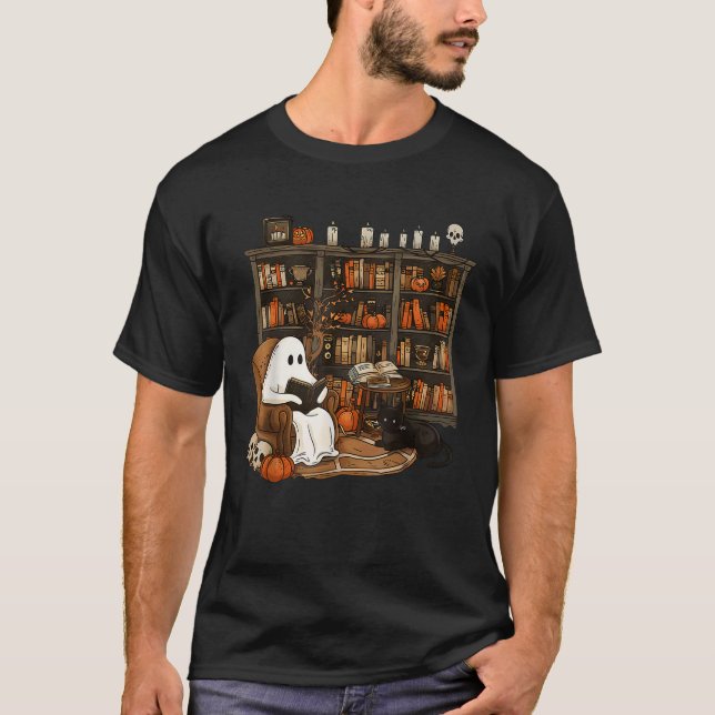 Retro Librarian Bookshelf Teacher Boujee Ghost Cat T-Shirt (Front)
