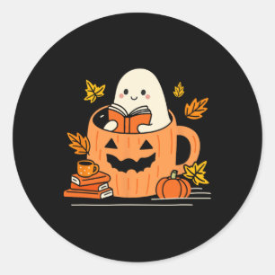 Retro Librarian Ghost Reading Books Halloween Teac Classic Round Sticker