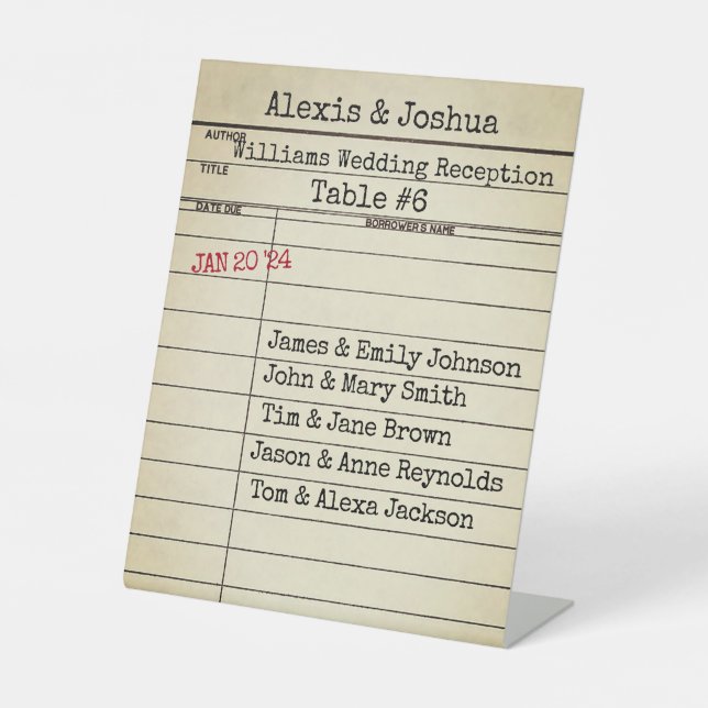 Retro Library Card Wedding Reception Pedestal Sign (Front)