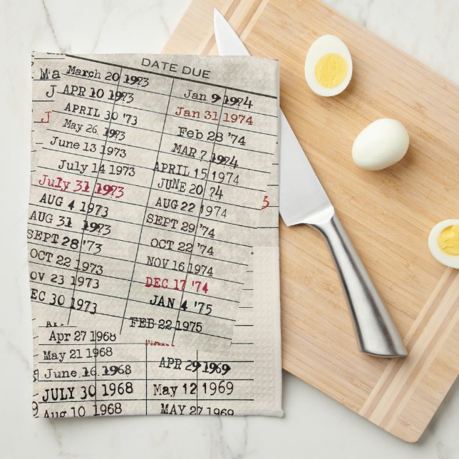 Retro Library Cards Tea Towel (Quarter Fold)