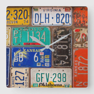 Retro License Plate Collection Square Wall Clock