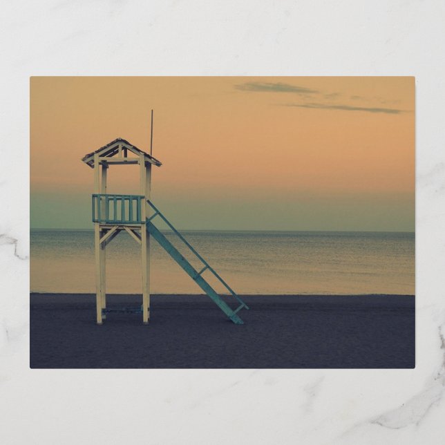 Retro Lifeguard Beach Tower Sunset Photo Foil Holiday Postcard (Front)