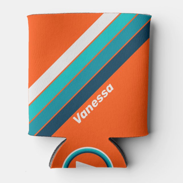 Retro Lifeguard Stripes with Name Can Cooler (Front)